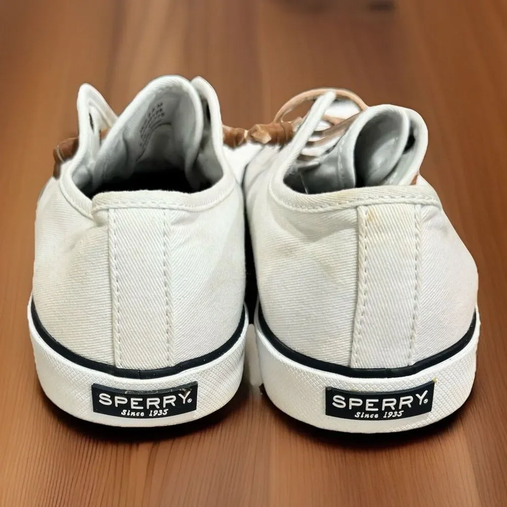 Sperry Pier View W 9.5 White Canvas Sneakers Rawhide Laces Coastal Preppy